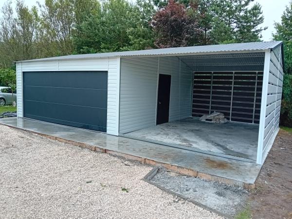Plechová moderná garáž ELEGANT 5,8x6m + 4x6m prístrešok
