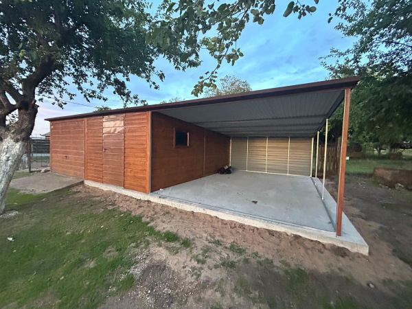 Plechová garáž 3×5 m zlatý dub + kolňa 3×5 m + prístrešok 4 m (dovoz a montáž) 3