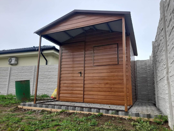 Záhradný domček s prístreškom 3x3 m + 1 m | Sedlová strecha | Drevo dekor 7