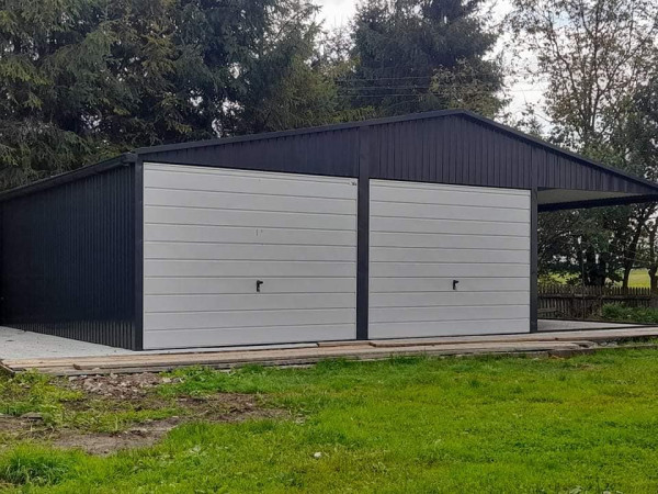 Montovaná plechová garáž 6×6 m + prístrešok 3×6 m s výklopnými bránami 2