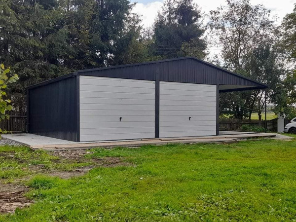 Montovaná plechová garáž 6×6 m + prístrešok 3×6 m s výklopnými bránami 4