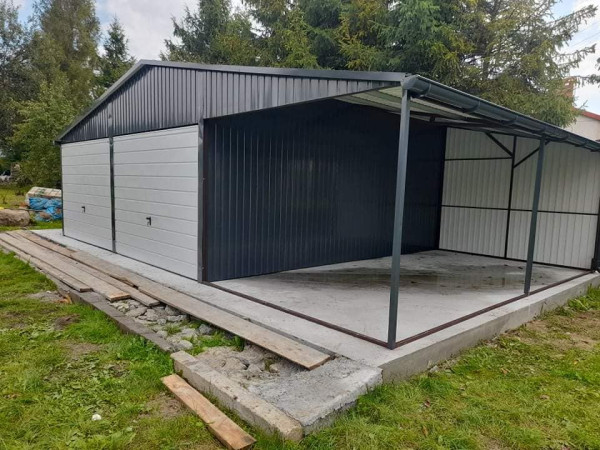 Montovaná plechová garáž 6×6 m + prístrešok 3×6 m s výklopnými bránami 3