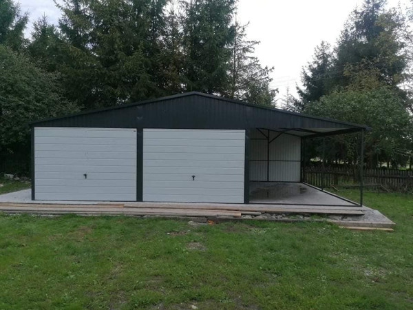 Montovaná plechová garáž 6×6 m + prístrešok 3×6 m s výklopnými bránami 6