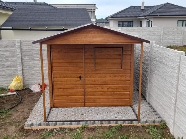 Záhradný domček s prístreškom 3x3 m + 1 m | Sedlová strecha | Drevo dekor 5