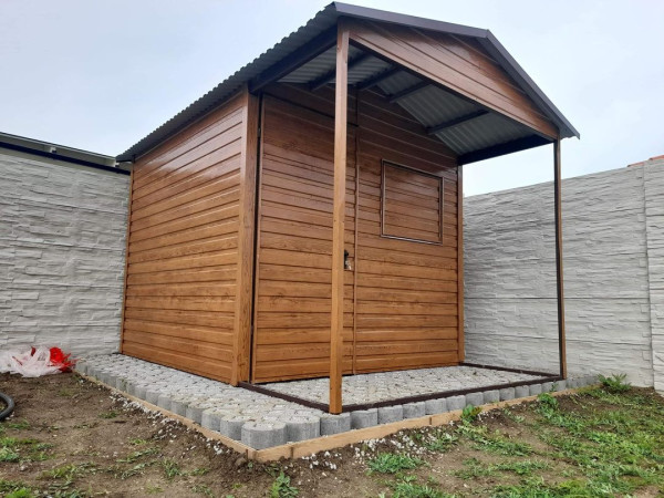 Záhradný domček s prístreškom 3x3 m + 1 m | Sedlová strecha | Drevo dekor 4