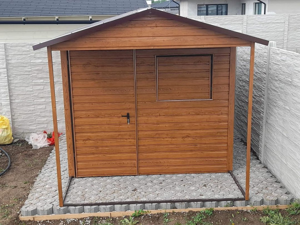 Záhradný domček s prístreškom 3x3 m + 1 m | Sedlová strecha | Drevo dekor 8