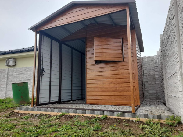 Záhradný domček s prístreškom 3x3 m + 1 m | Sedlová strecha | Drevo dekor 6