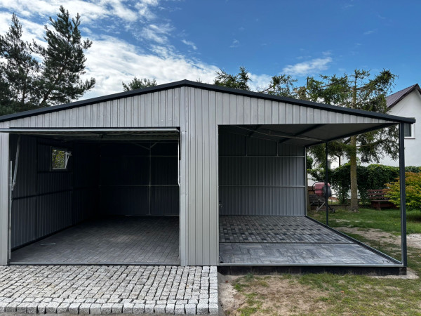 Plechová garáž 3,5×5 m so sedlovou strechou + 3,5x5m prístrešok 4