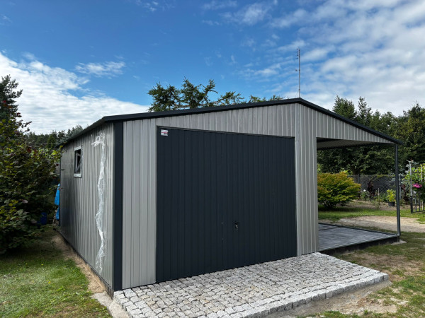 Plechová garáž 3,5×5 m so sedlovou strechou + 3,5x5m prístrešok 2