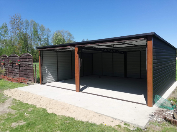 Plechová dvojgaráž 6x5,5 m grafitová RAL7016 so zlatým dubom 2