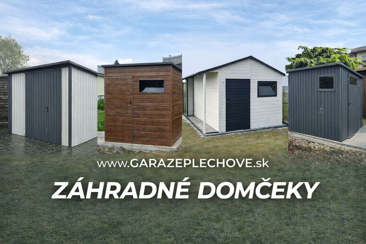 Moderné plechové záhradné domčeky v antracitovej farbe a drevodekore praktické riešenie pre záhradu