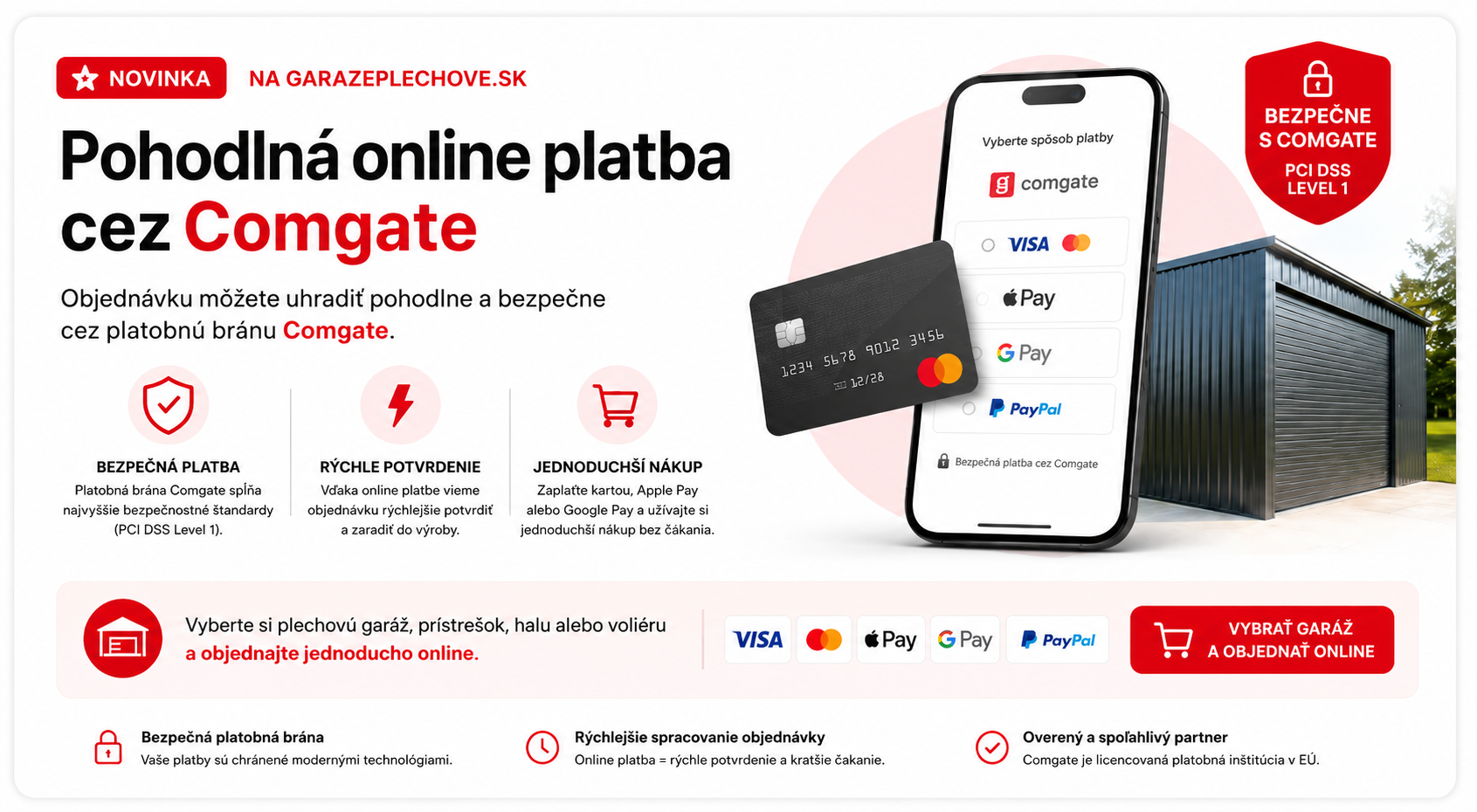 Informačný banner o pohodlnej online platbe cez Comgate na e-shope garazeplechove.sk