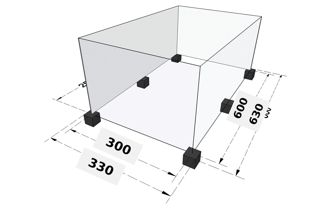 Technický nákres podkladu a pätiek pre plechovú garáž 2. triedy 3x6 m