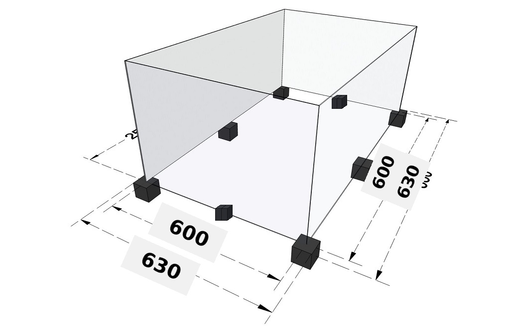 Nákres pätiek pre plechovú dvojgaráž 2. triedy 6x6 m so stredovým podopretím